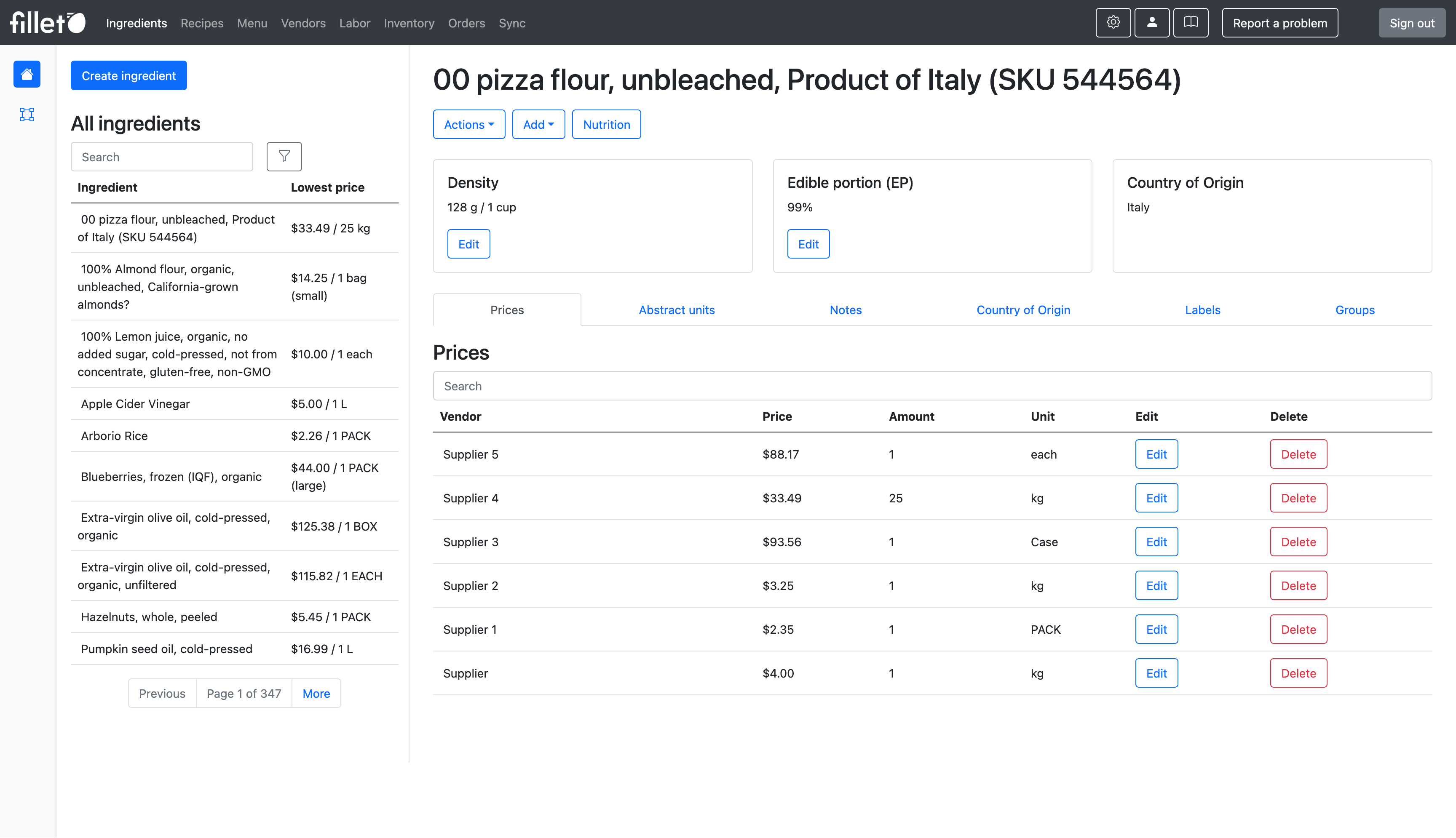A stylized screenshot of the Fillet recipe costing feature.