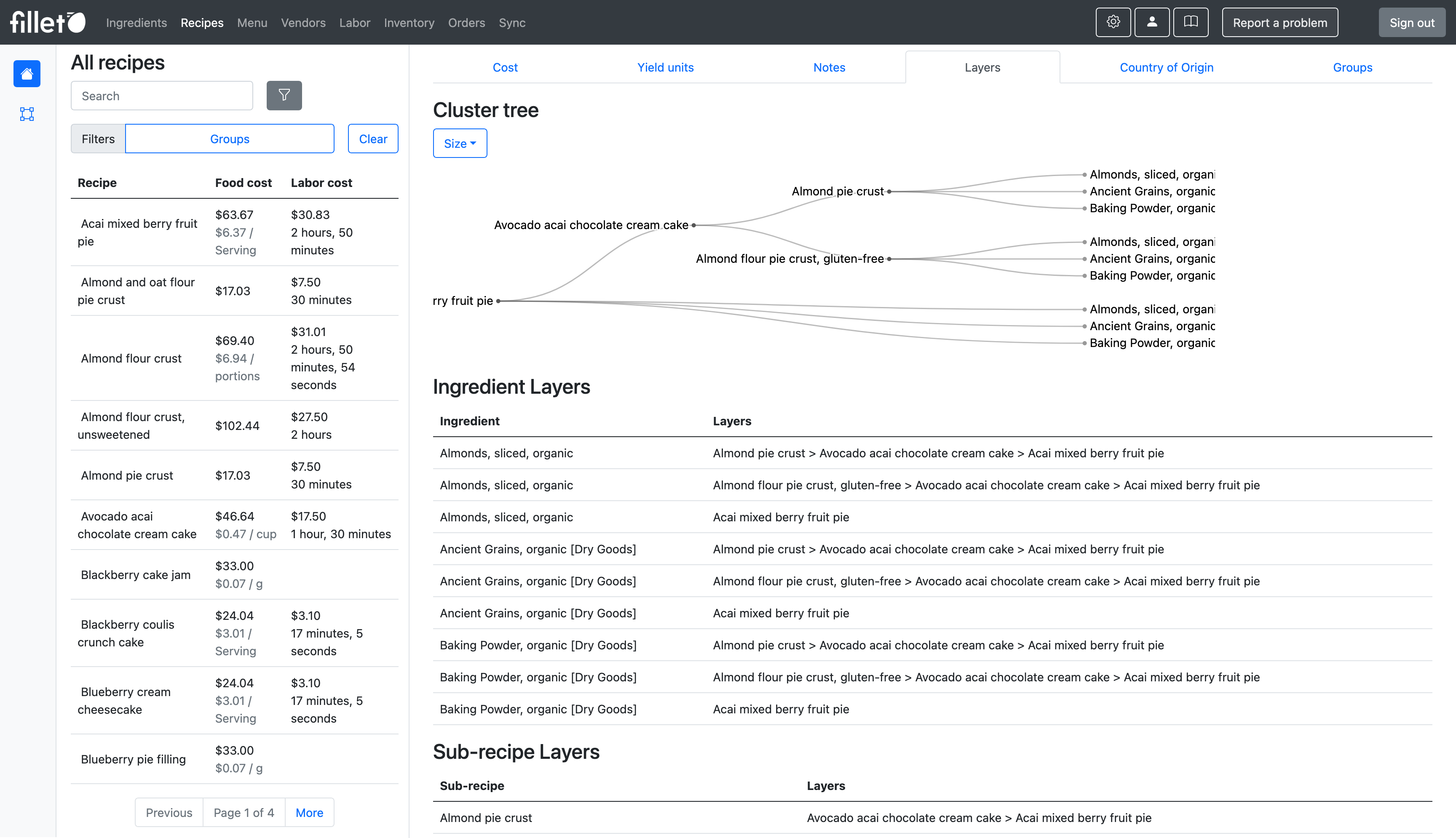 A stylized screenshot of the Fillet recipe costing feature.